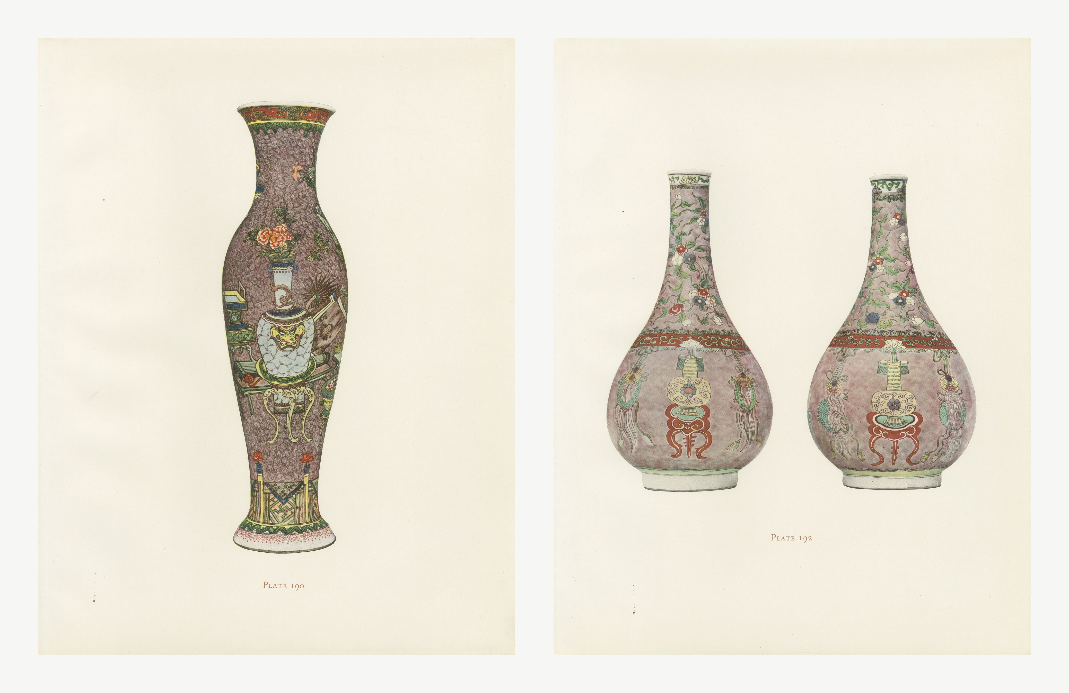 Aubergine Ground Vases and Bottles, Two Kang-he Color Plates, 1911