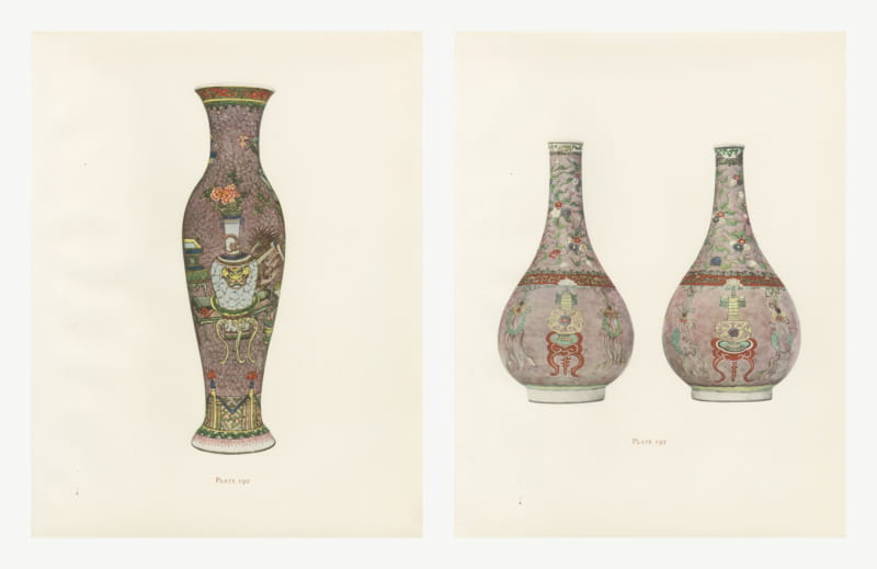 Aubergine Ground Vases and Bottles, Two Kang-he Color Plates, 1911