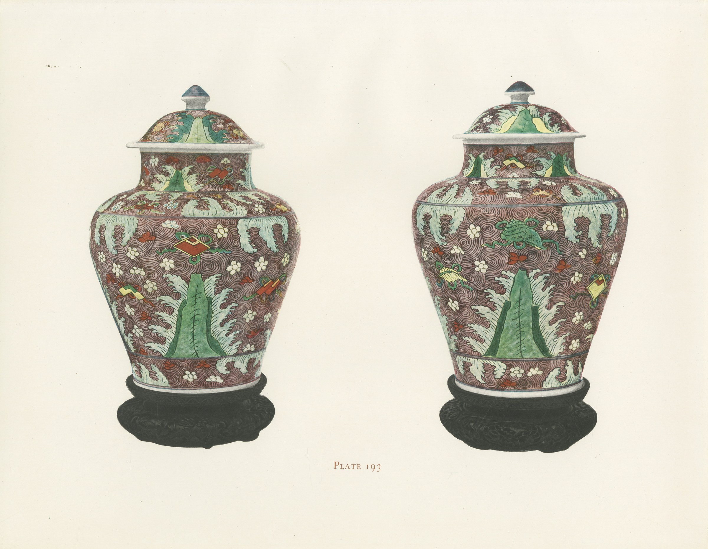 Ming Jars and Covers, Aubergine Rolling Wave Design, Antique Color Plate, 1911