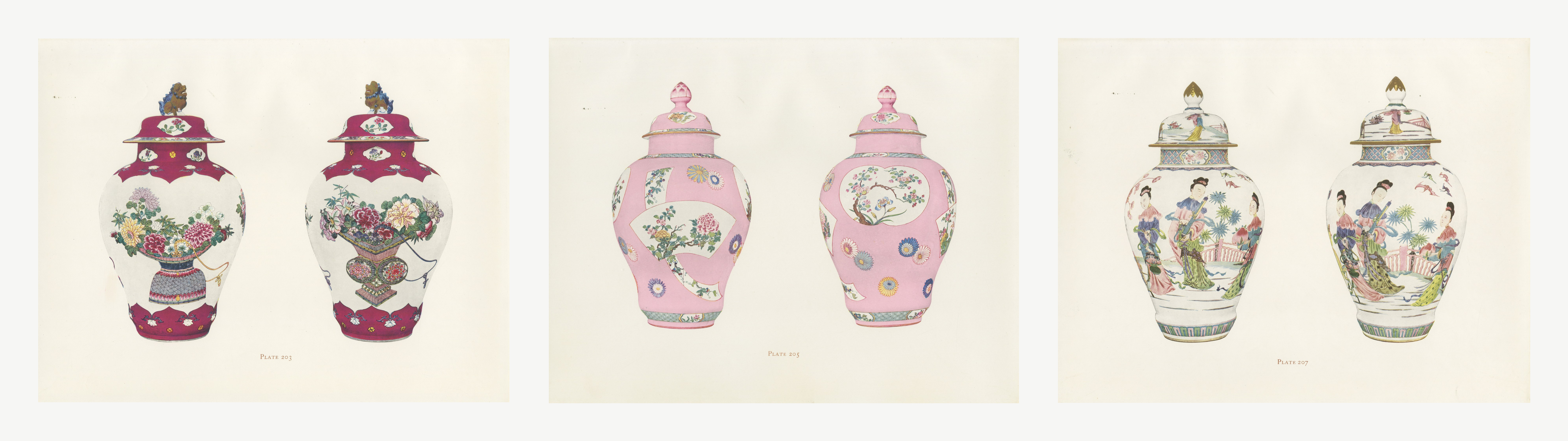 Rose Ground Jars and Covers, Three Yung-ching Color Plates, 1911