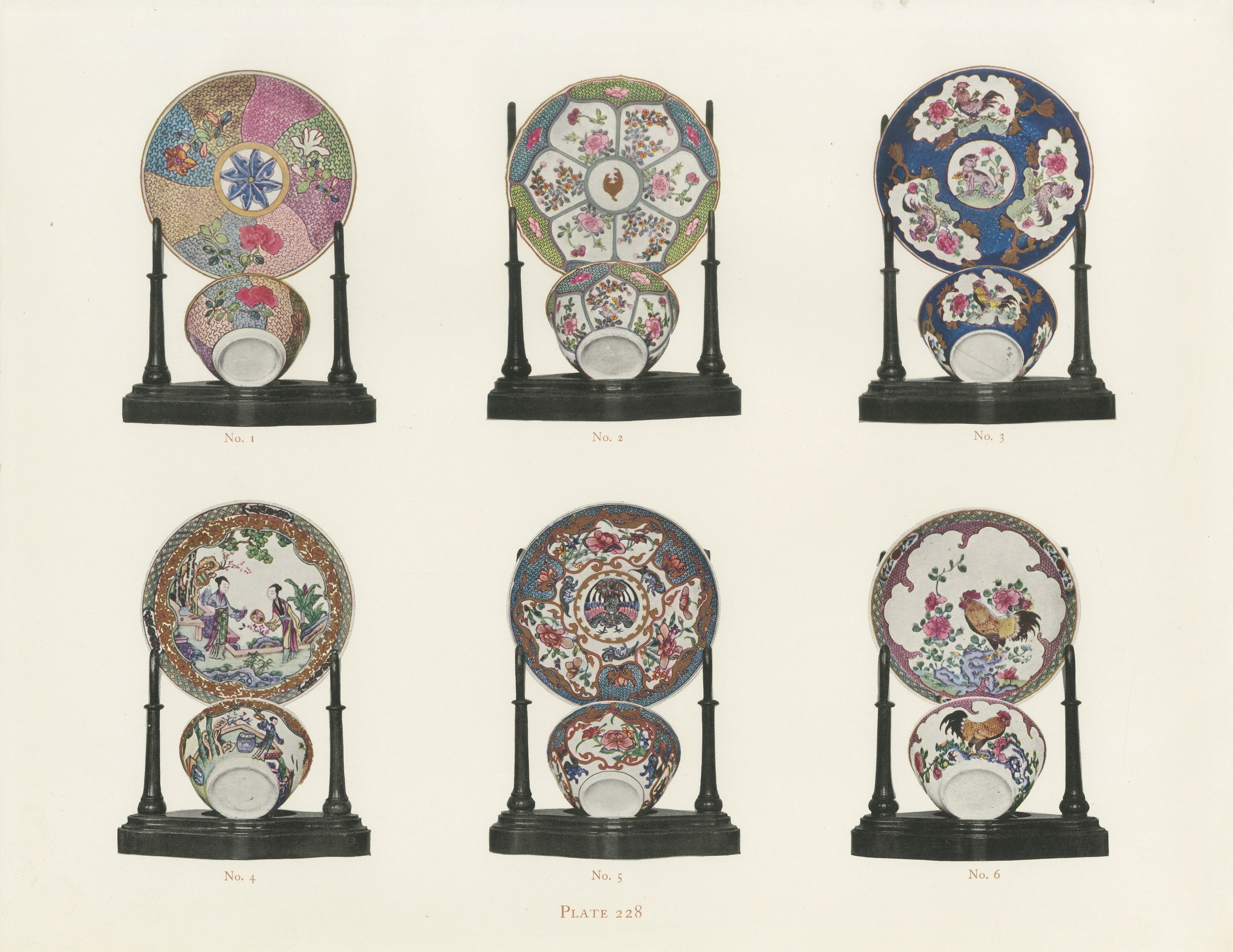 Six Yung-ching Cups and Saucers with a Peacock in Display, Color Plate, 1911