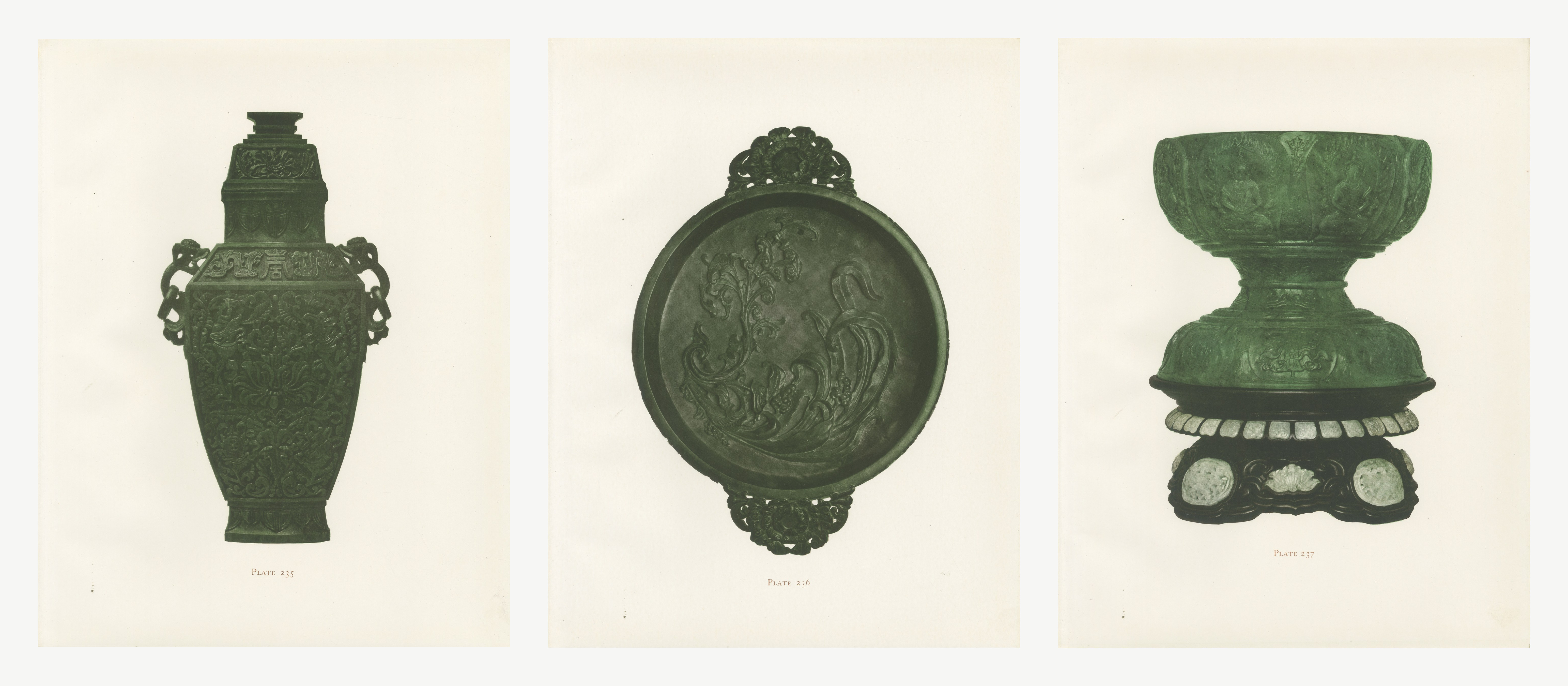 Dark Green Jade Vase, Bowl and Buddha Bowl, Three Kang-he Plates, 1911