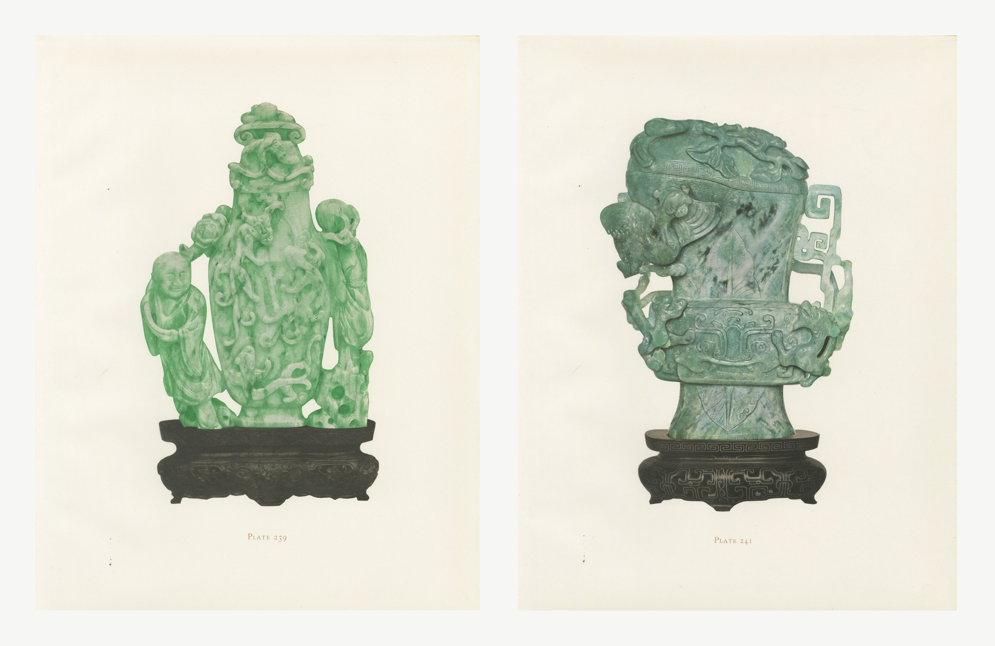 Emerald Green Jade Carvings, Two Chinese Hard Stone Plates, 1911