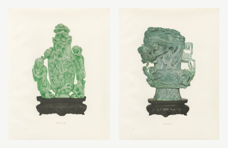 Emerald Green Jade Carvings, Two Chinese Hard Stone Plates, 1911