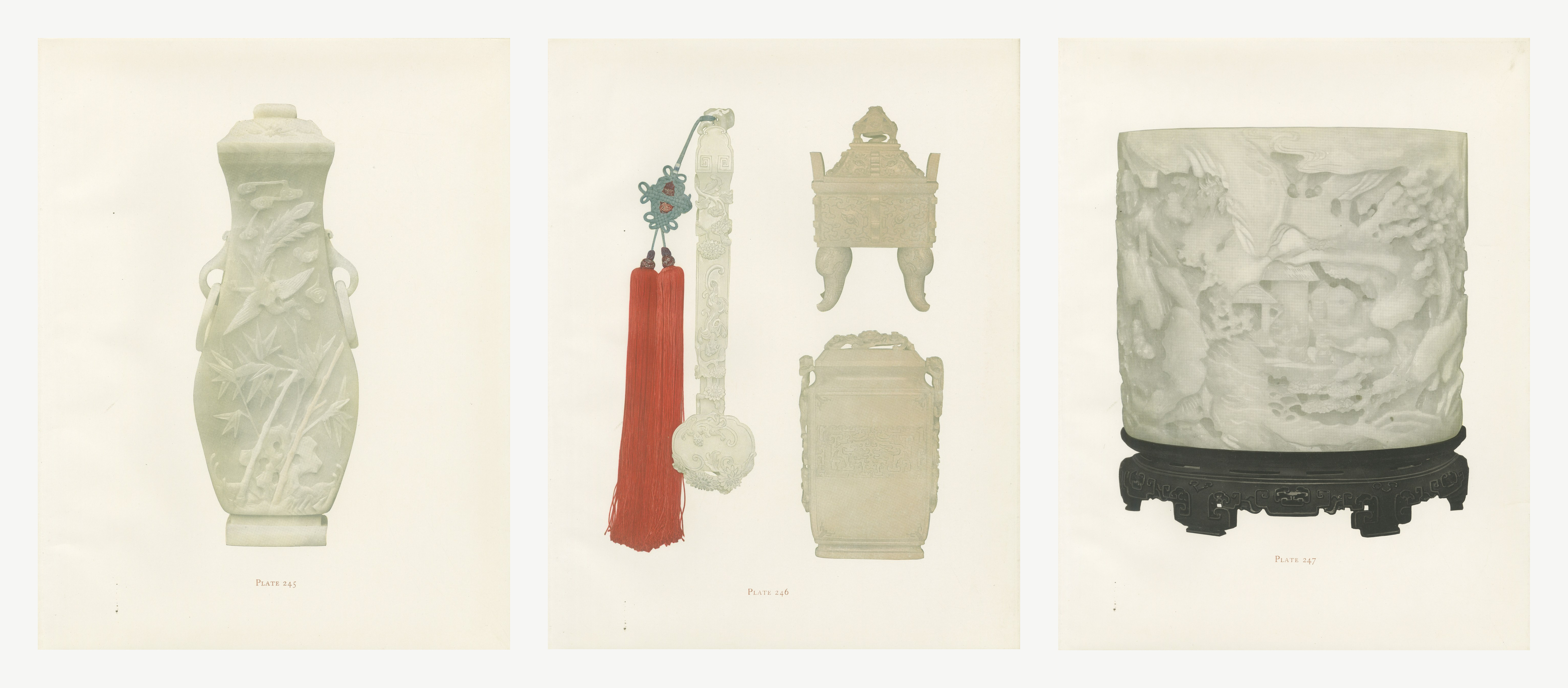 White Jade Vase, Scepter and Brush Cylinder, Three Kien-lung Plates, 1911