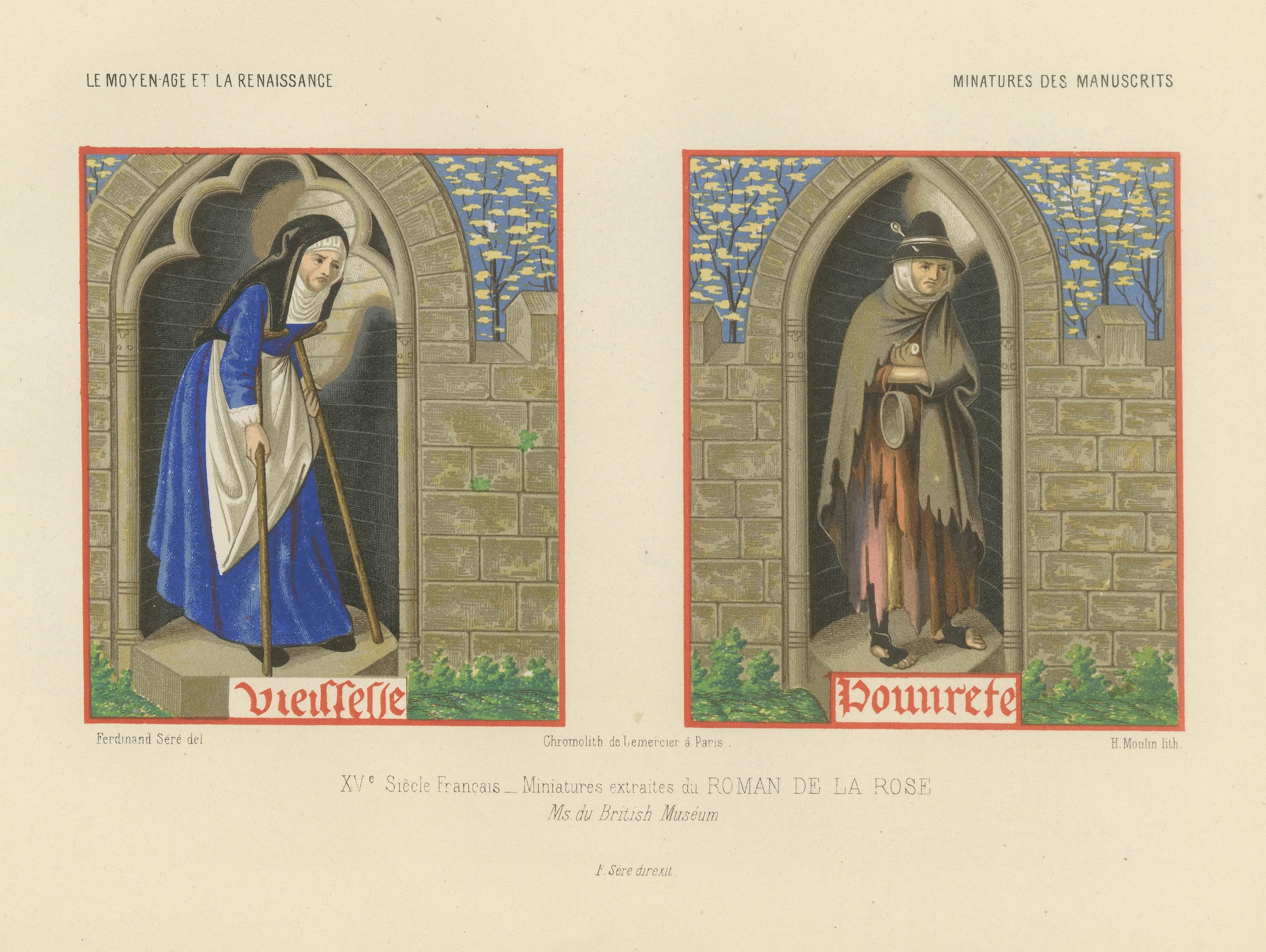 Old Age and Poverty, Roman de la Rose, Antique Chromolithograph, 1849