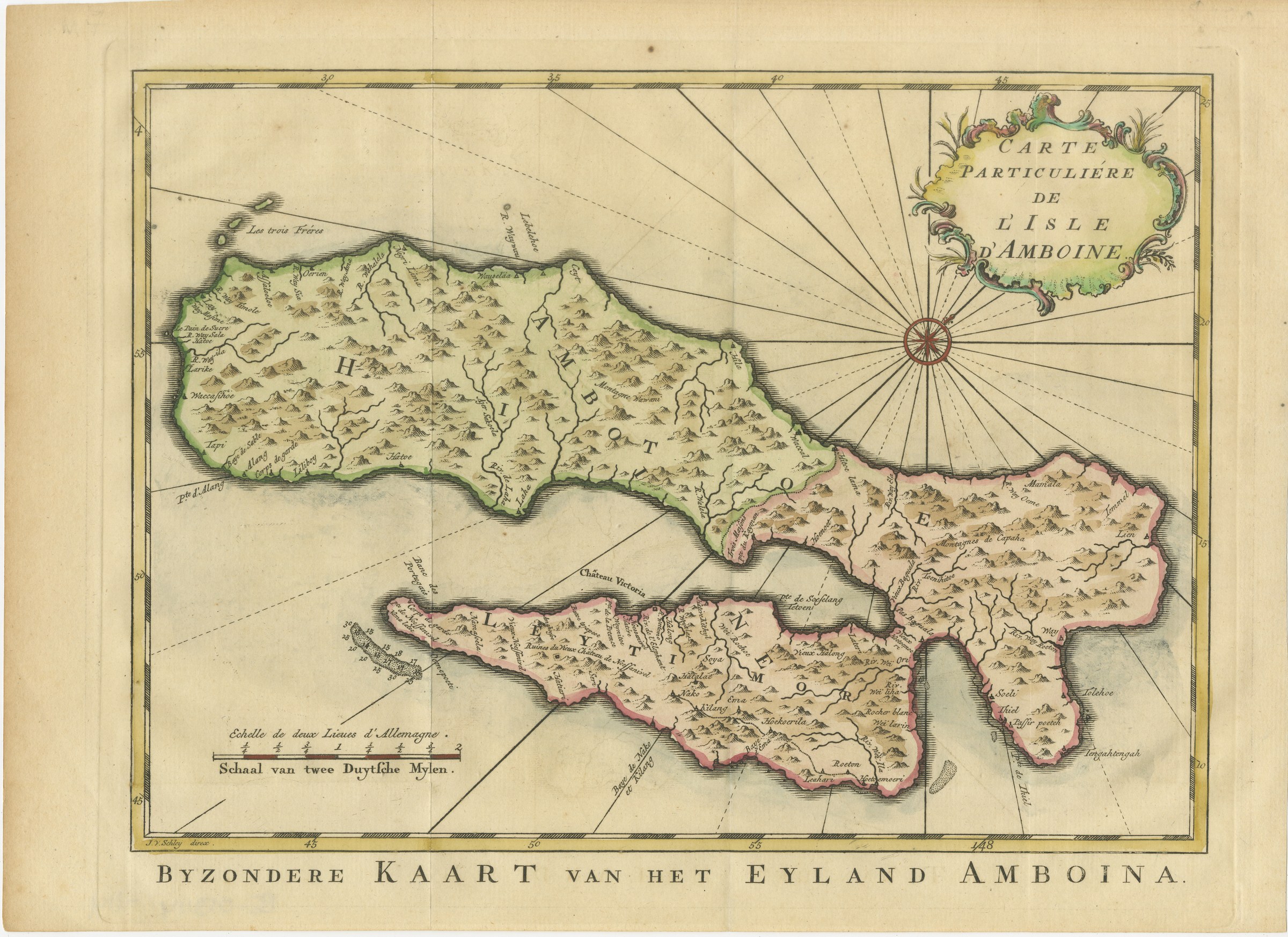 Map of Ambon Island with Chateau Victoria, Schley, circa 1753