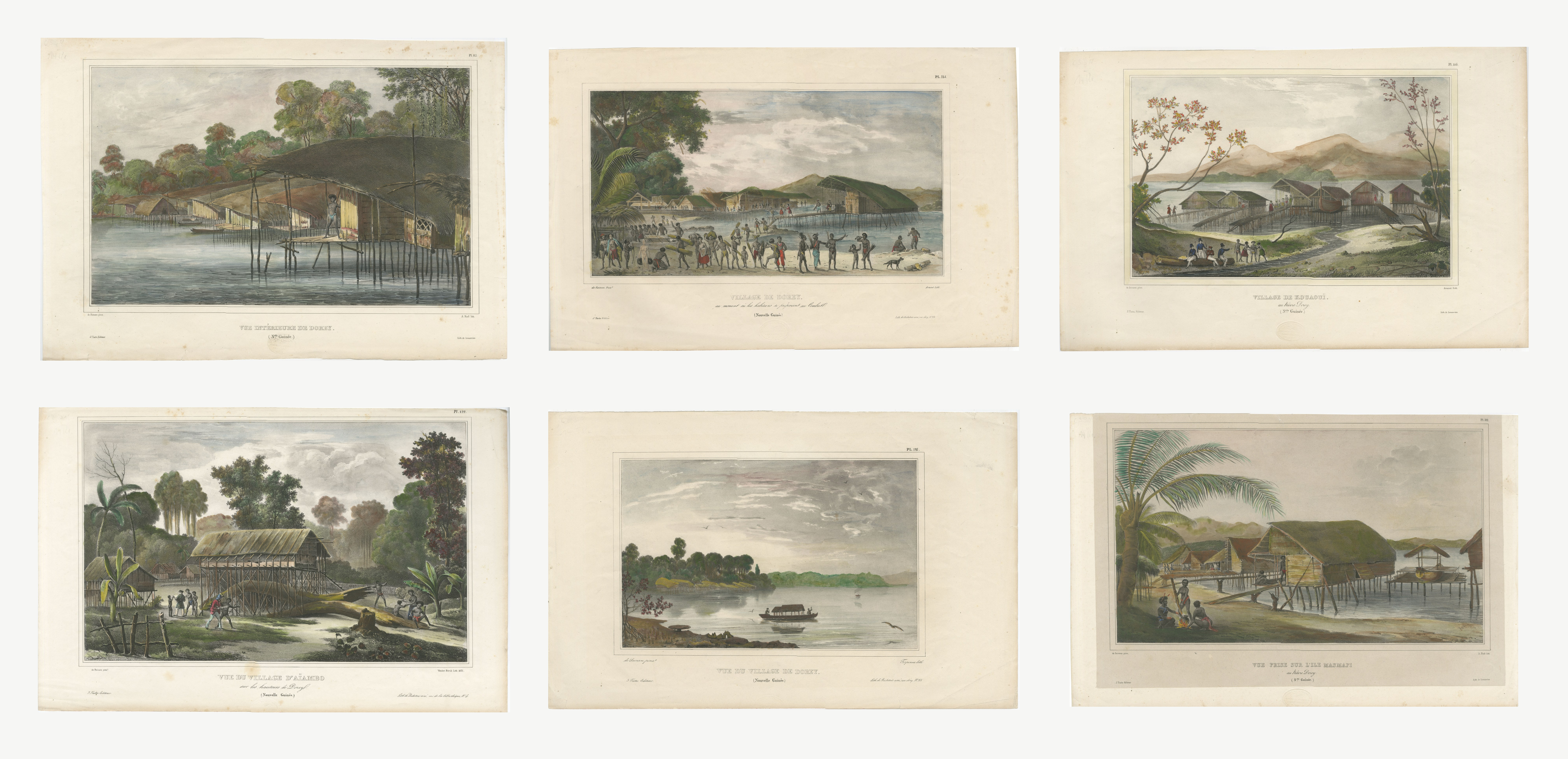 Six Original Hand-Colored Views of Dorey Harbor, New Guinea, de Sainson, 1833