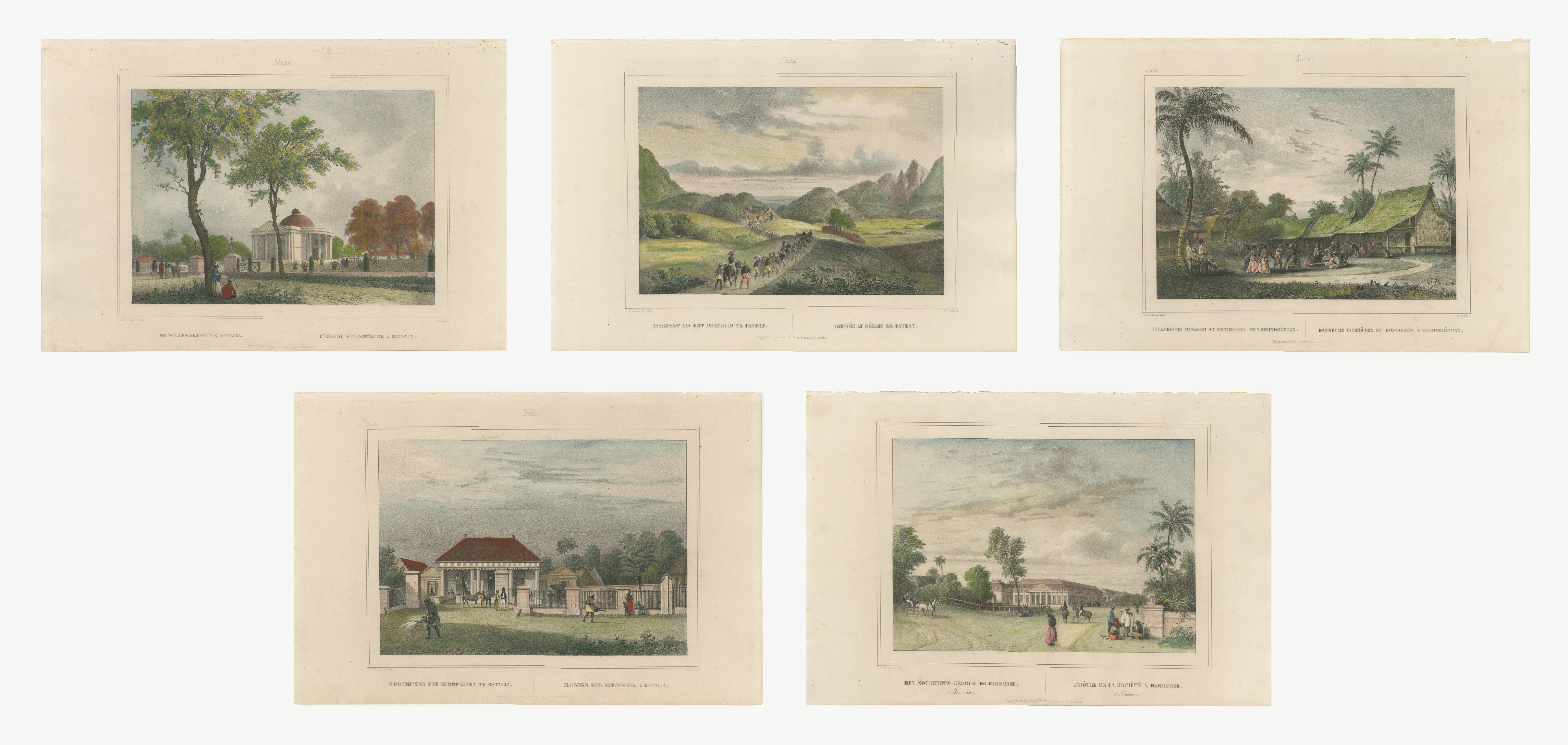 Five Hand-Colored Views of Java and Batavia, van de Velde, circa 1844