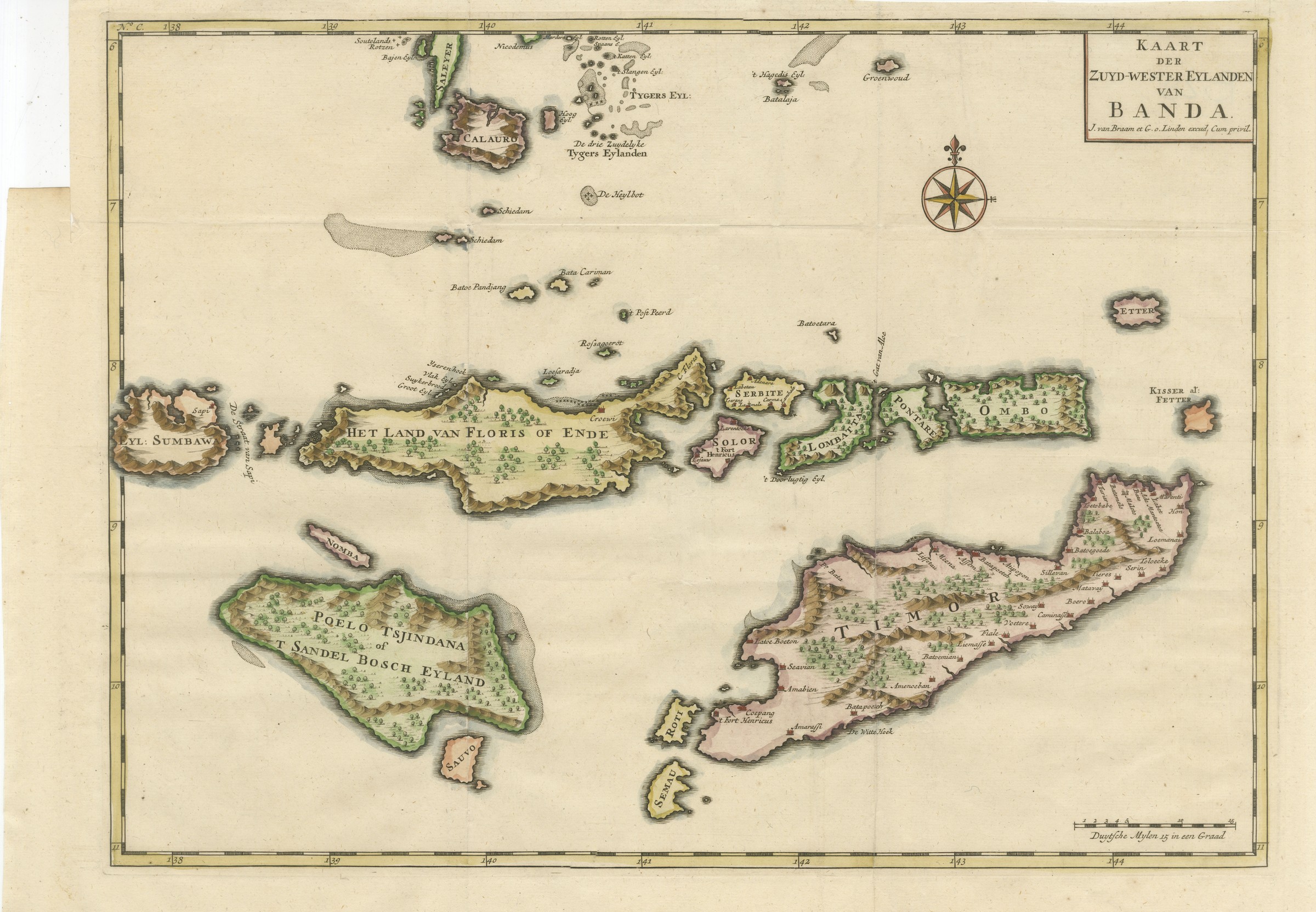 Hand-Colored Chart of Timor, Solor and the Southwest Banda Islands, 1726