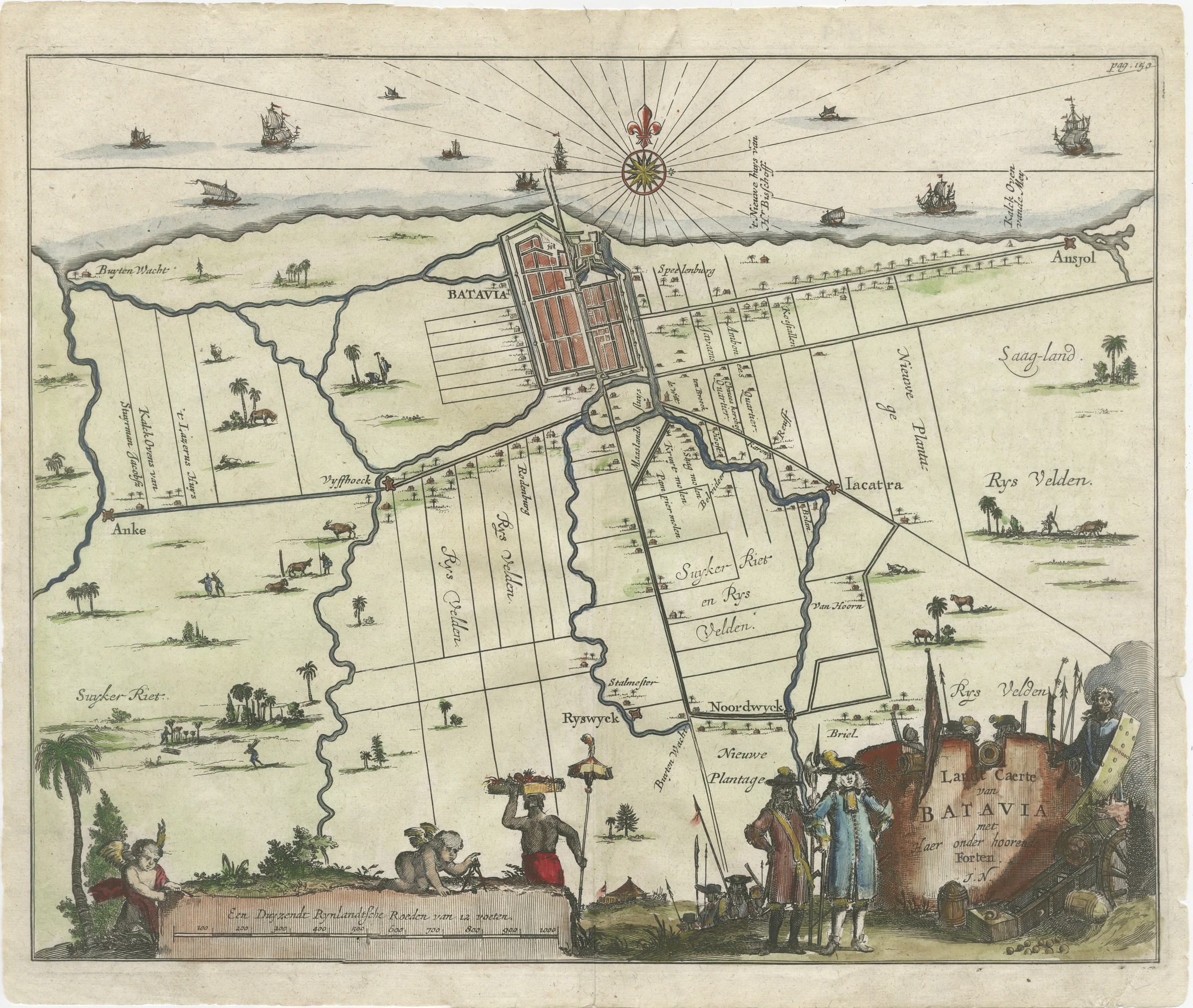Walled Batavia and Its Outlying Forts, Dutch Engraved Plan, circa 1715