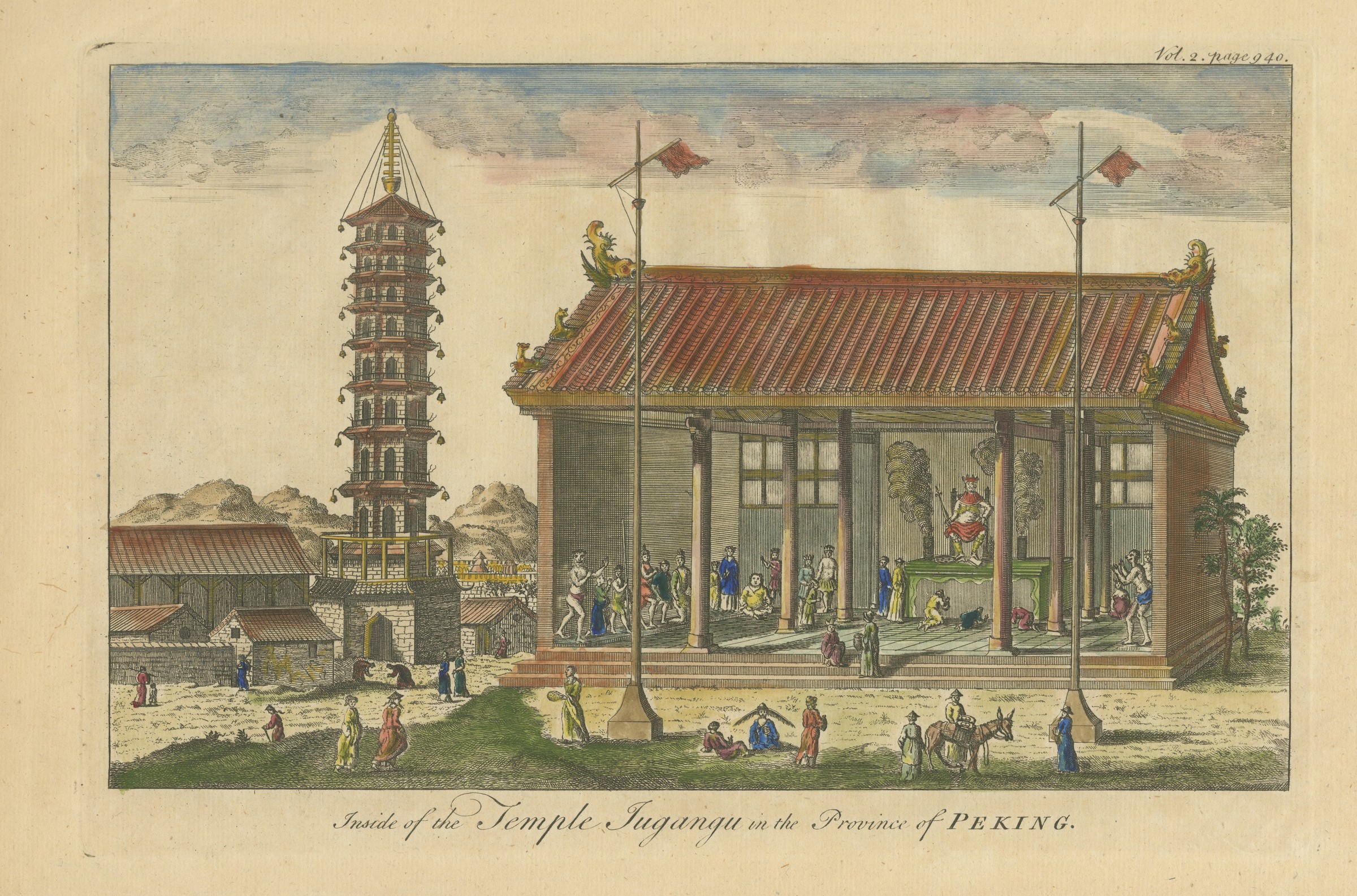 Inside the Temple of Jugangu at Peking, Hand-Colored Plate, circa 1747