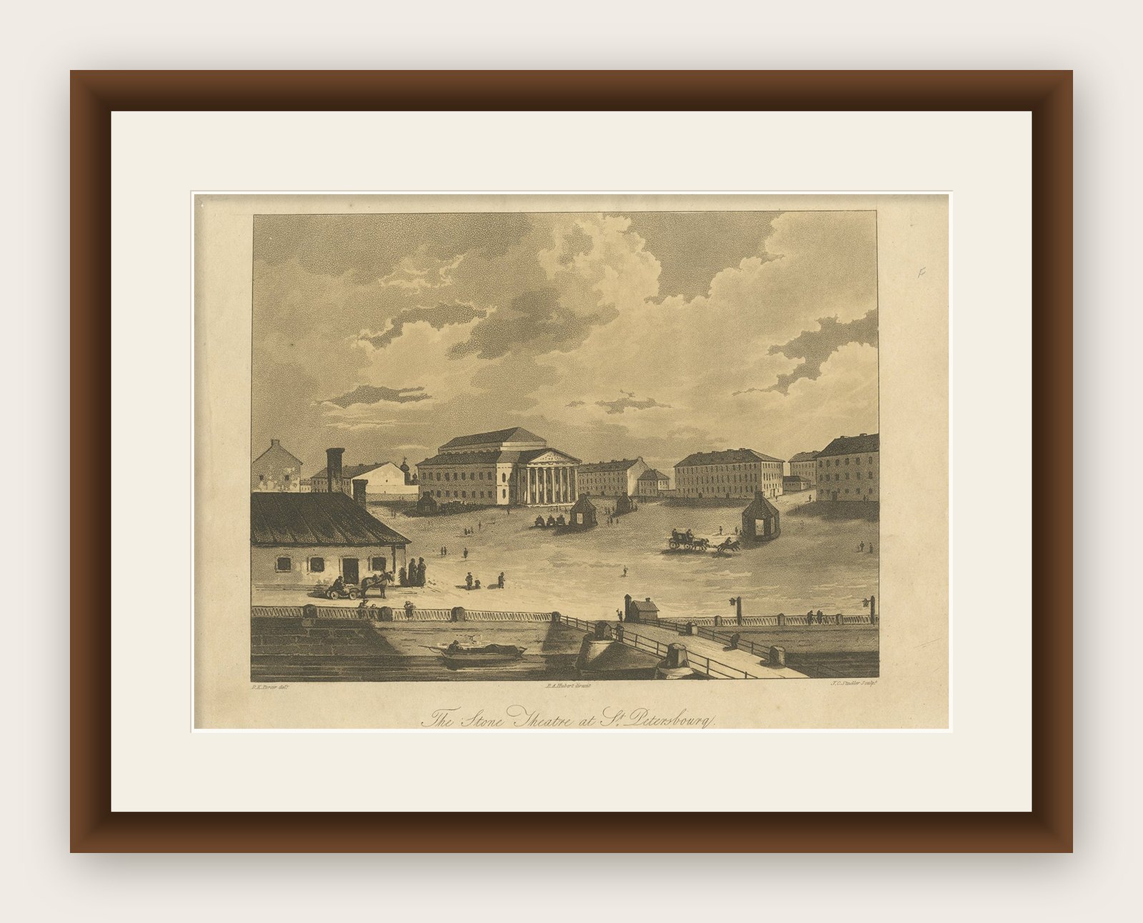 Antique Print of the Bolshoi Theatre in Saint Petersburg, Russia, ca.1810