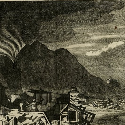 Rare Antique Engraving of Mount Fuji During an Earthquake in Tokyo, Japan, 1669