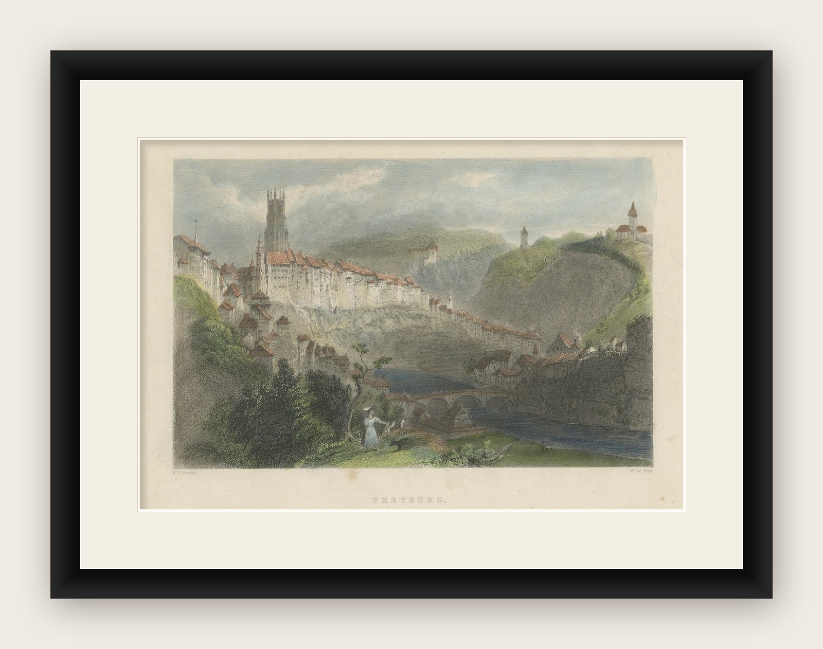 Antique Print of Fribourg, La Sarine, Switzerland, 1835