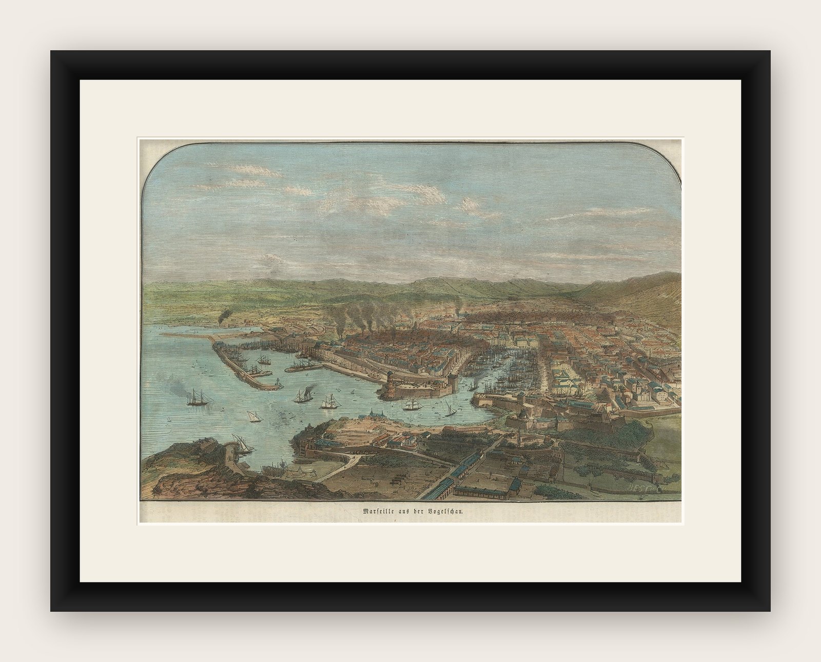 Old Hand-Colored Print with a View of Marseille, France, ca.1885