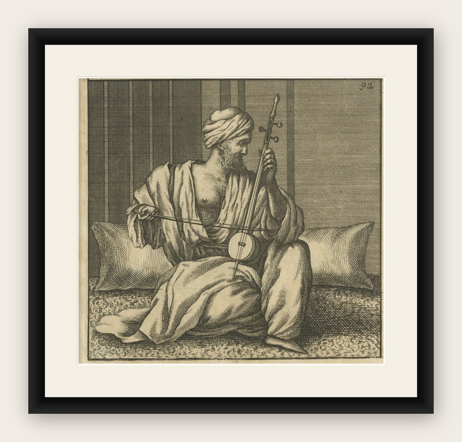 Rare Antique Print of an Arabian Man Playing a Violin or Kamanche in Cairo, 1698