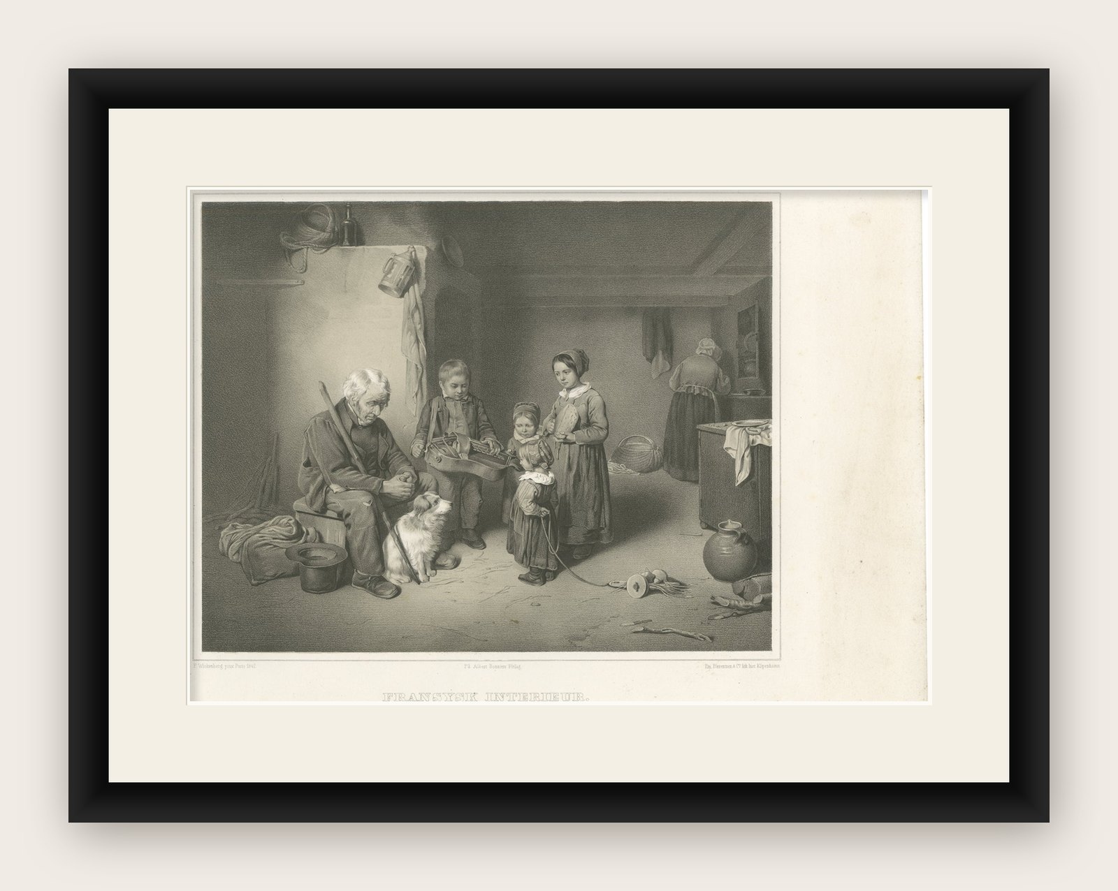 Fransysk Interieur, Swedish Genre Scene Lithograph by Pehr Wickenberg, 1850