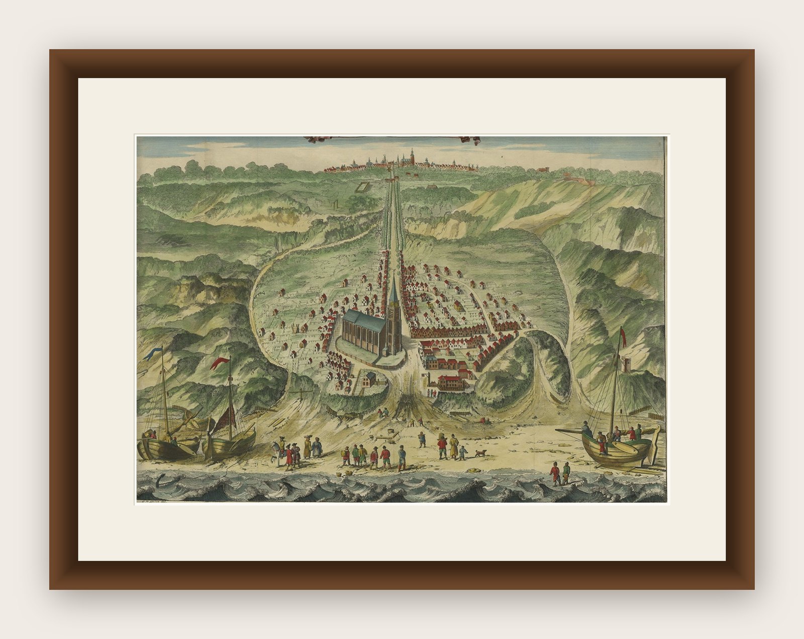 Antique Bird's Eye View of Scheveningen Near The Hague, the Netherlands, 1730