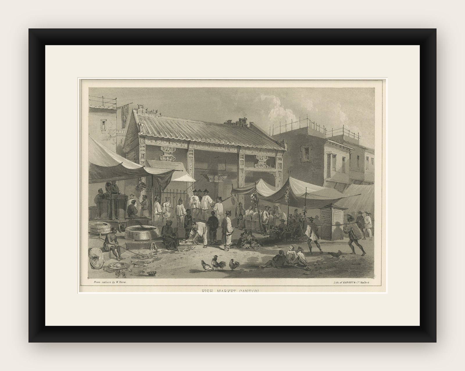 Antique Print with a View of a Fish Market in Guangzhou 'Canton', China, 1856