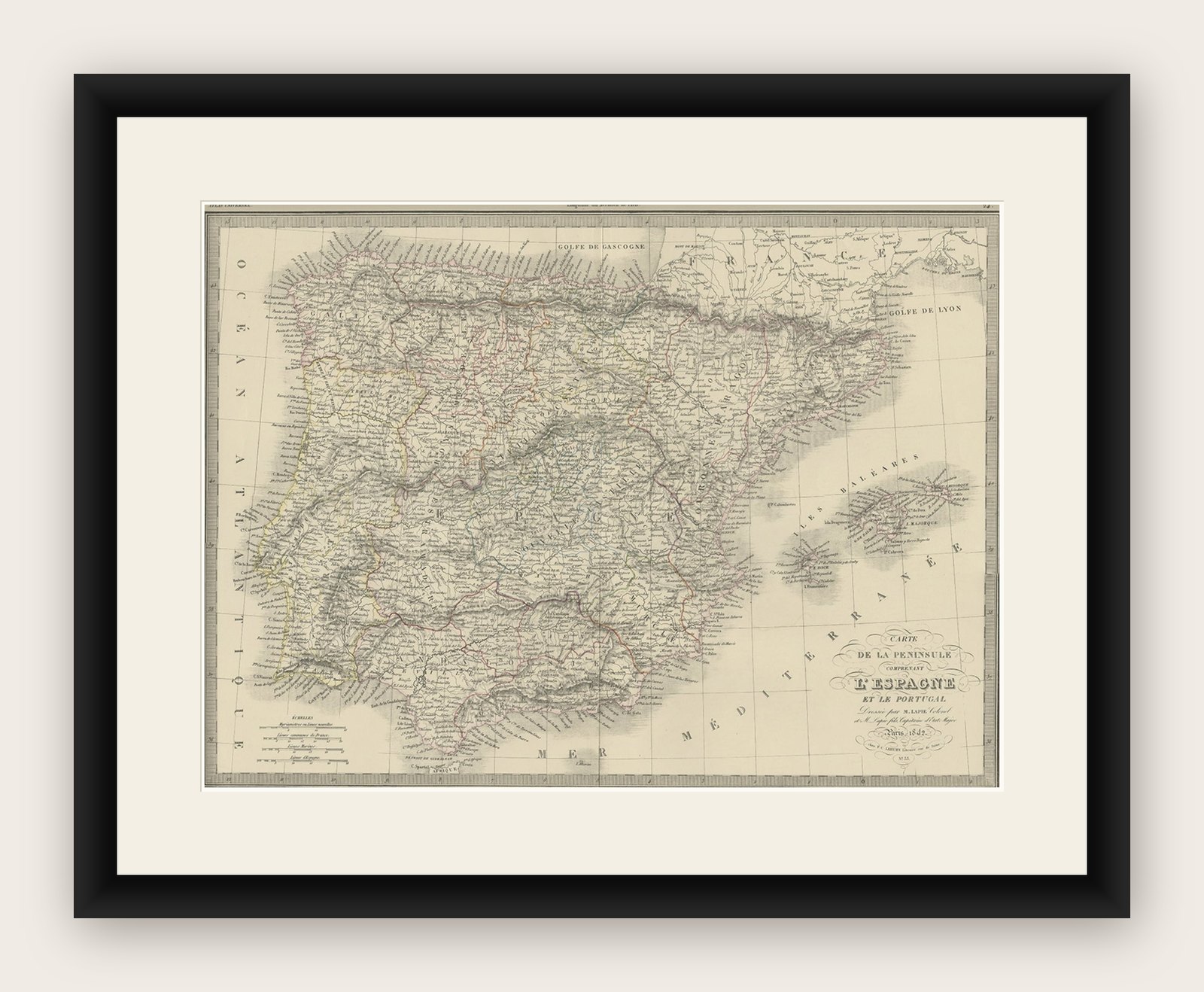 Antique Map of Spain and Portugal by Pierre M. Lapie, 1842, Wall Art