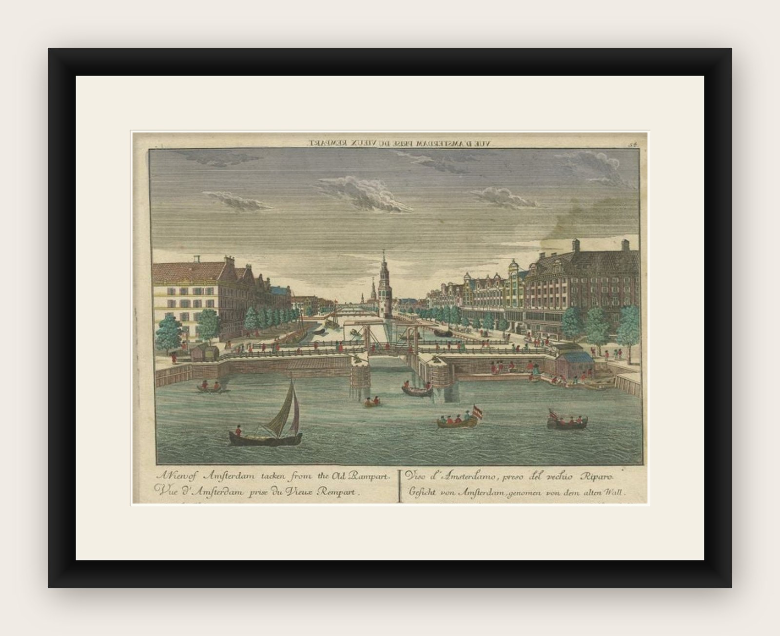Antique Optica Print of Amsterdam from the Old Rampart, Netherlands, C.1760