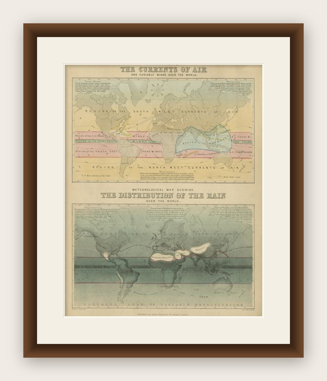 Antique Map of the Distribution of Air and Rain by Reynolds, 1843