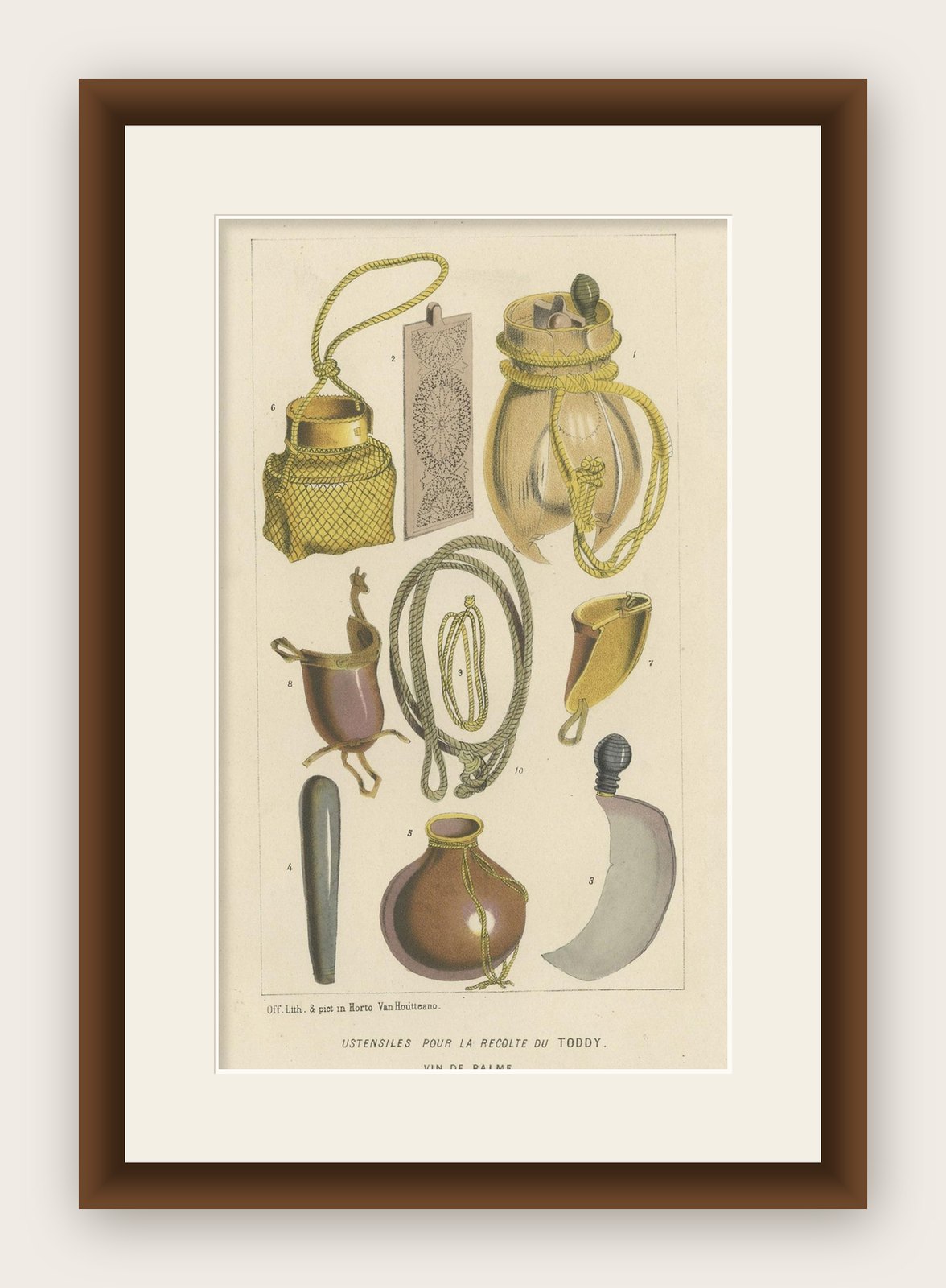 Antique Lithograph of Utensils to Harvest Palm Wine or Toddy, 1851