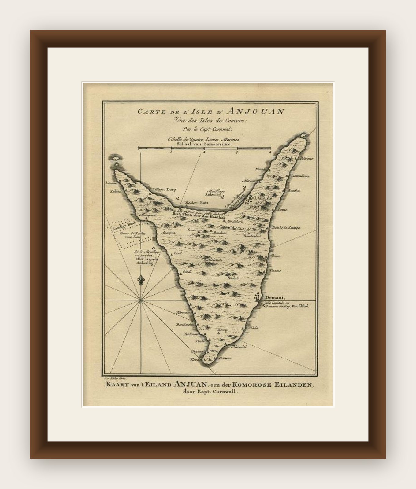 Antique Map of Anjouan or Ndzuani Island, Part of The Comoros, 1749