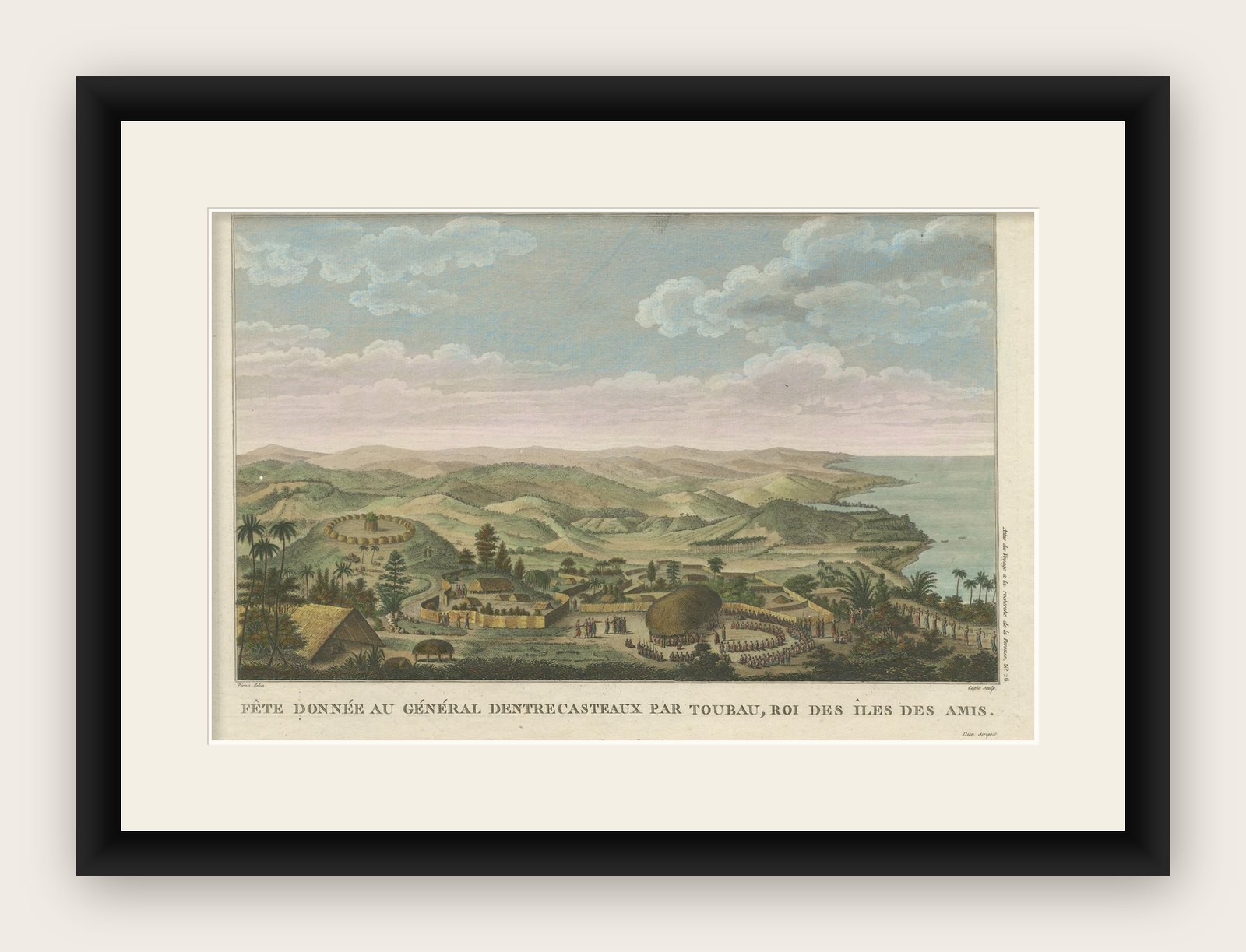 Beautiful and Rare Original Antique Engraving of a Village in Tonga, 1817