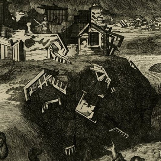 Rare Antique Engraving of Mount Fuji During an Earthquake in Tokyo, Japan, 1669