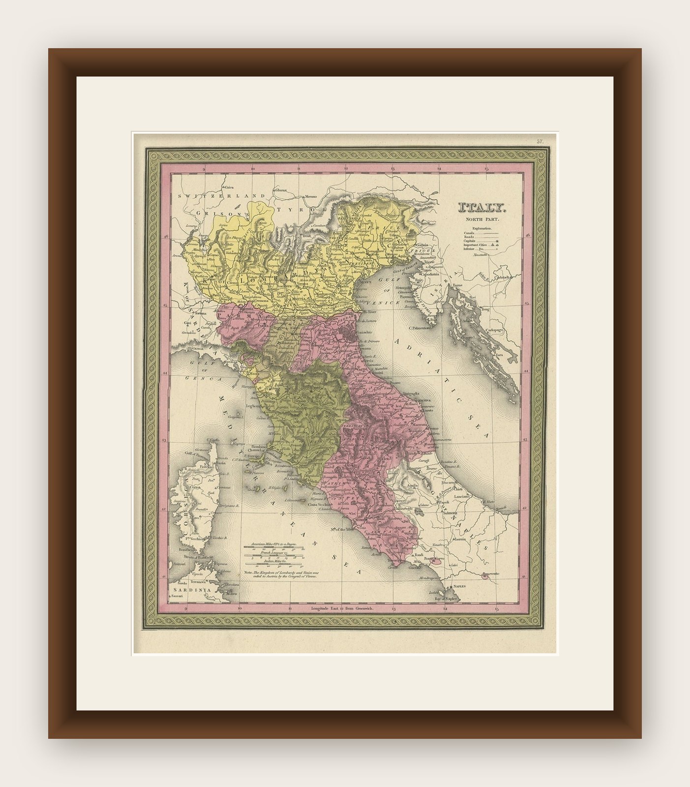 Old Antique Colorful Decorative Map of Northern Italy, 1846