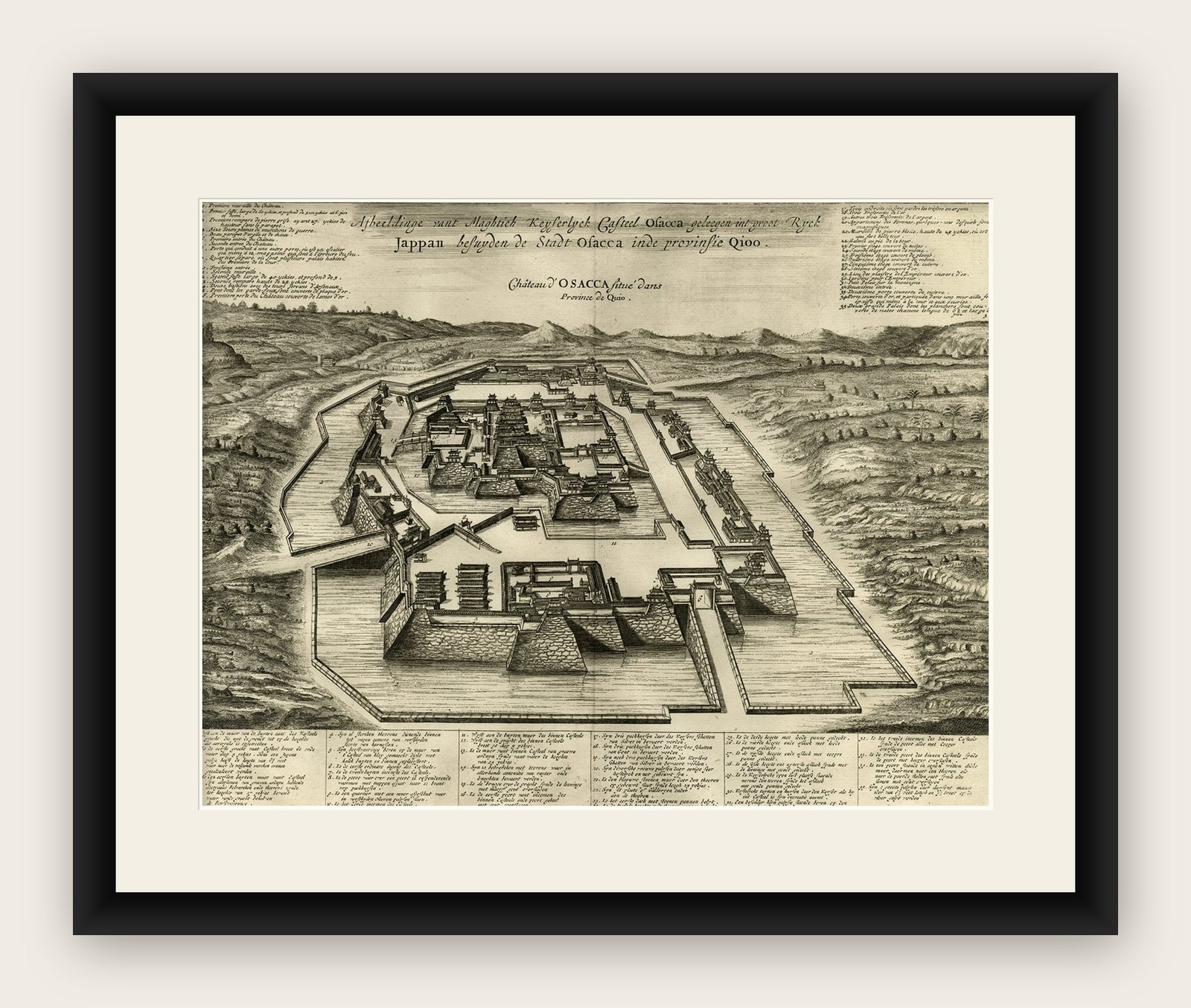 Original Antique Engraving of the Mighty Imperial Osaka Castle in Japan, 1669