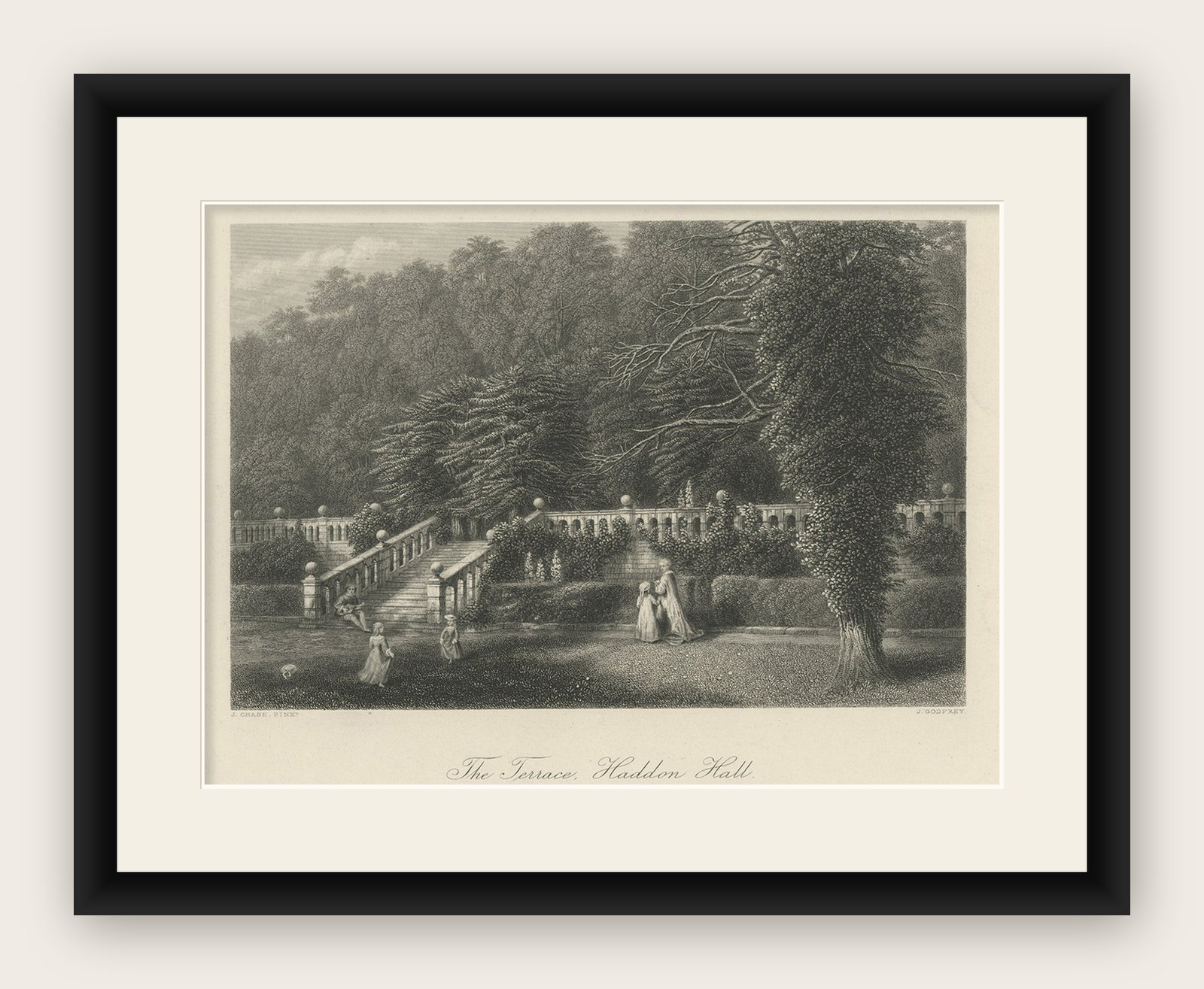 Steel Engraving of Haddon Hall, River Wye, Bakewell, Derbyshire, England, 1875