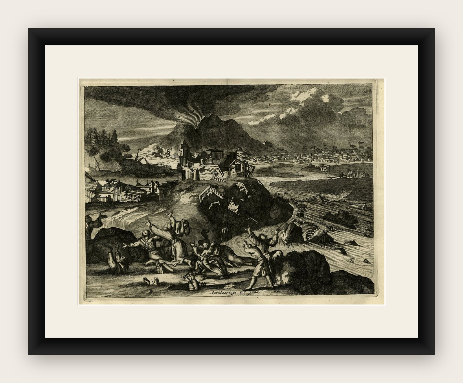 Rare Antique Engraving of Mount Fuji During an Earthquake in Tokyo, Japan, 1669