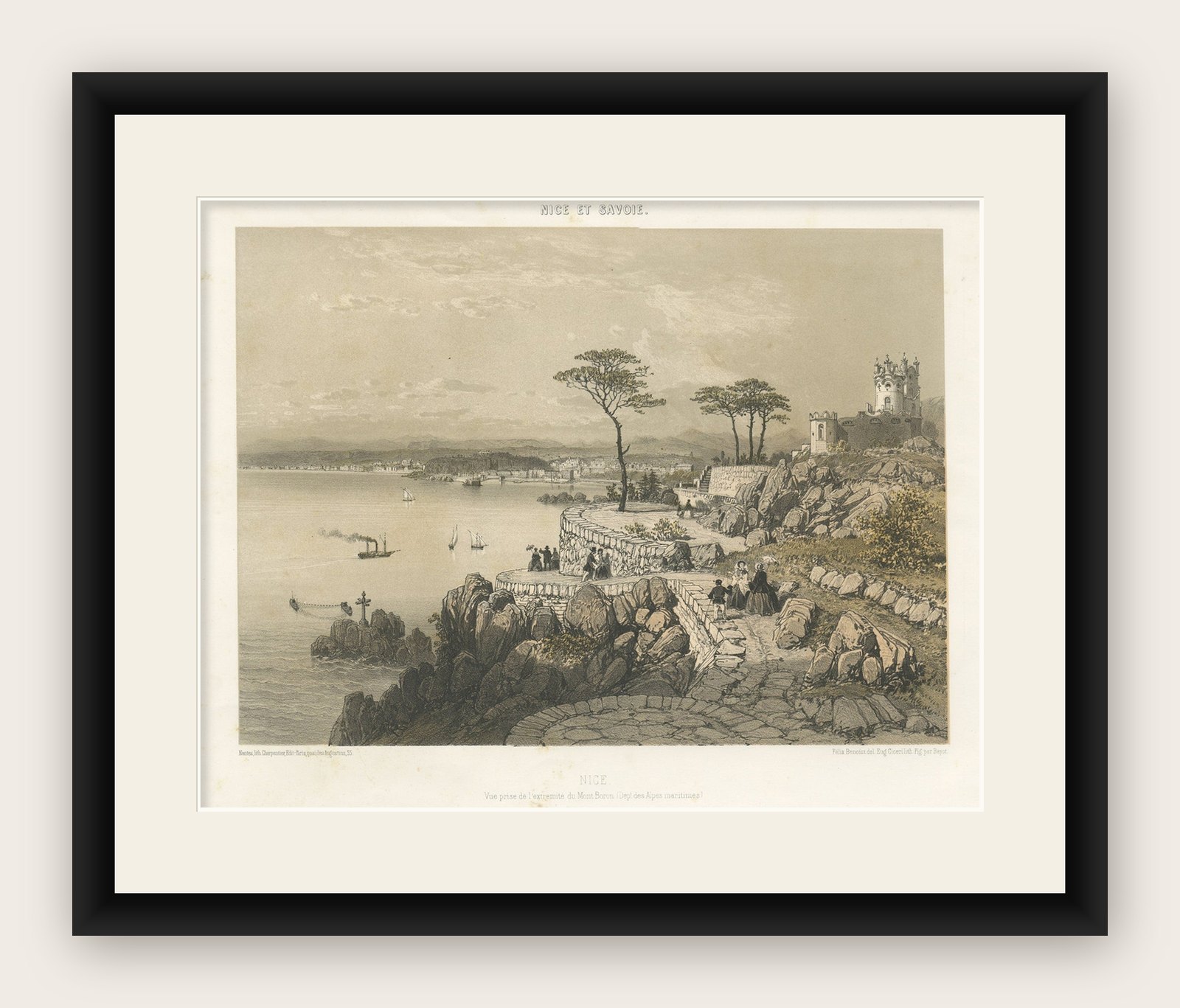 Decorative Antique Print of Nice Near Mont Boron in France, c.1865