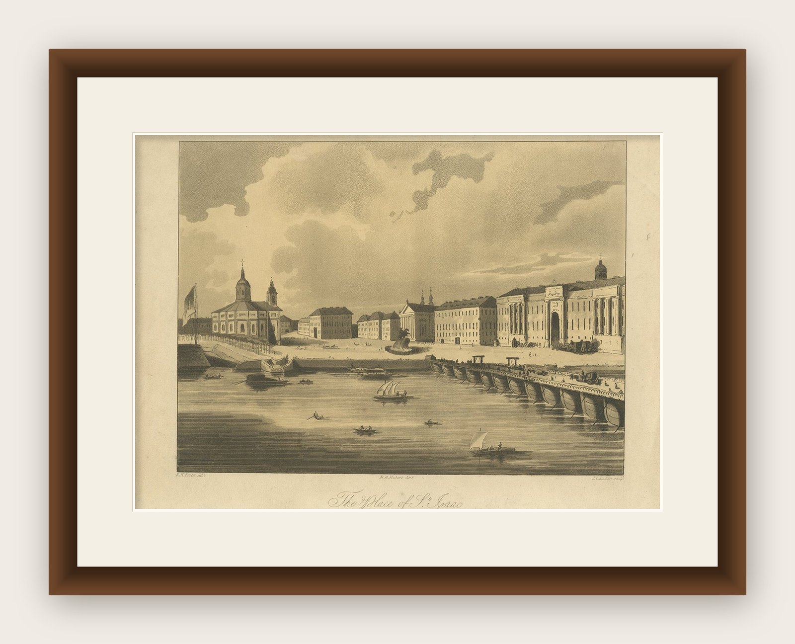 Antique Print of Saint Isaac's Square, in Saint Petersburg, Russia, ca.1810