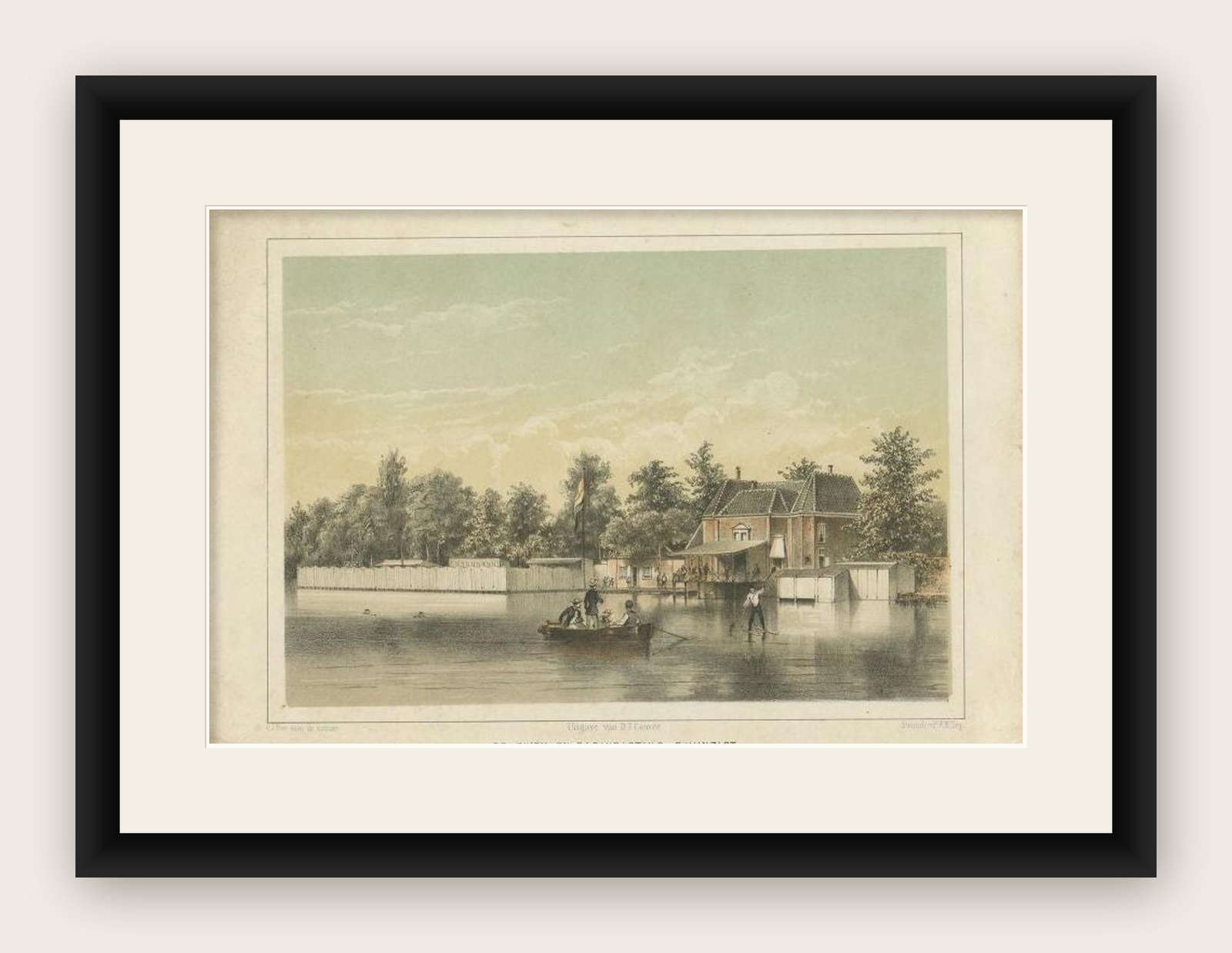 Antique Print of the 'Rhijnzigt' Swimming Facility of Leiden by Montagne, 1859