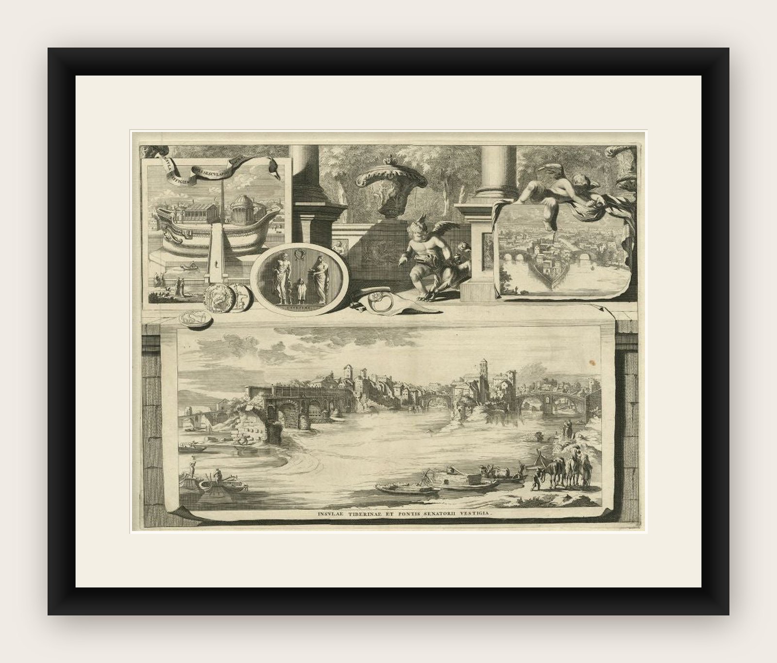 Antique Print of the Tiber River in Rome, Italy, 1704