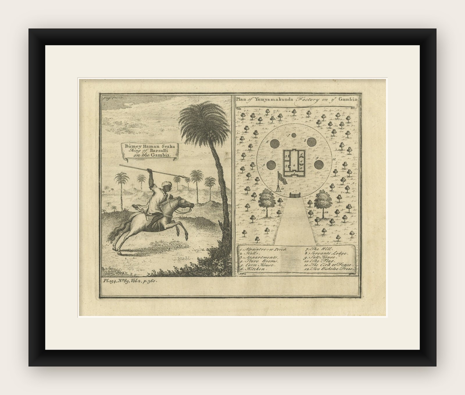 Antique Print of the King of Barsalli & the Yamyamakunda Factory, Gambia, C1730