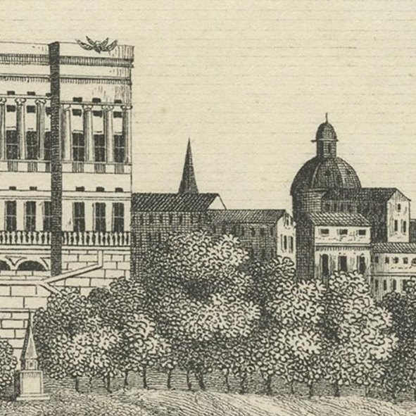 Original Antique Print of a Castle in Madrid, Spain, 1833