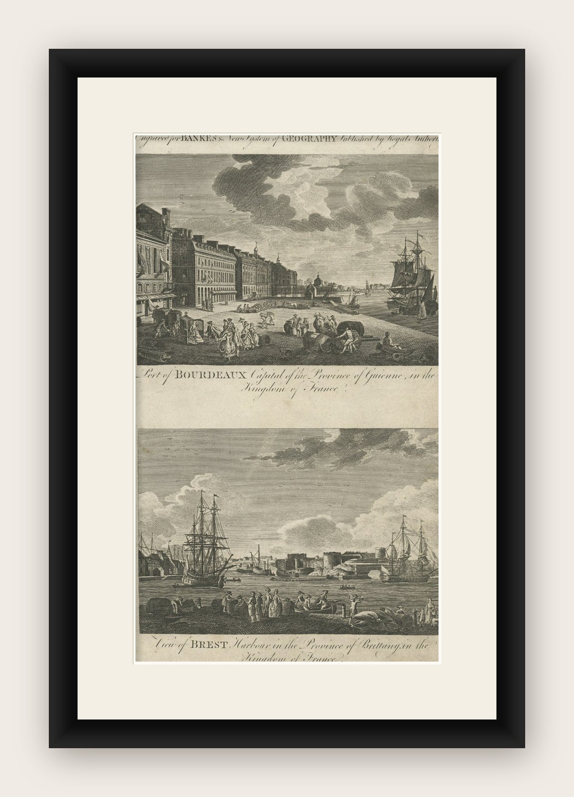Antique Engraving of Bordeaux and Brest in France, c.1790