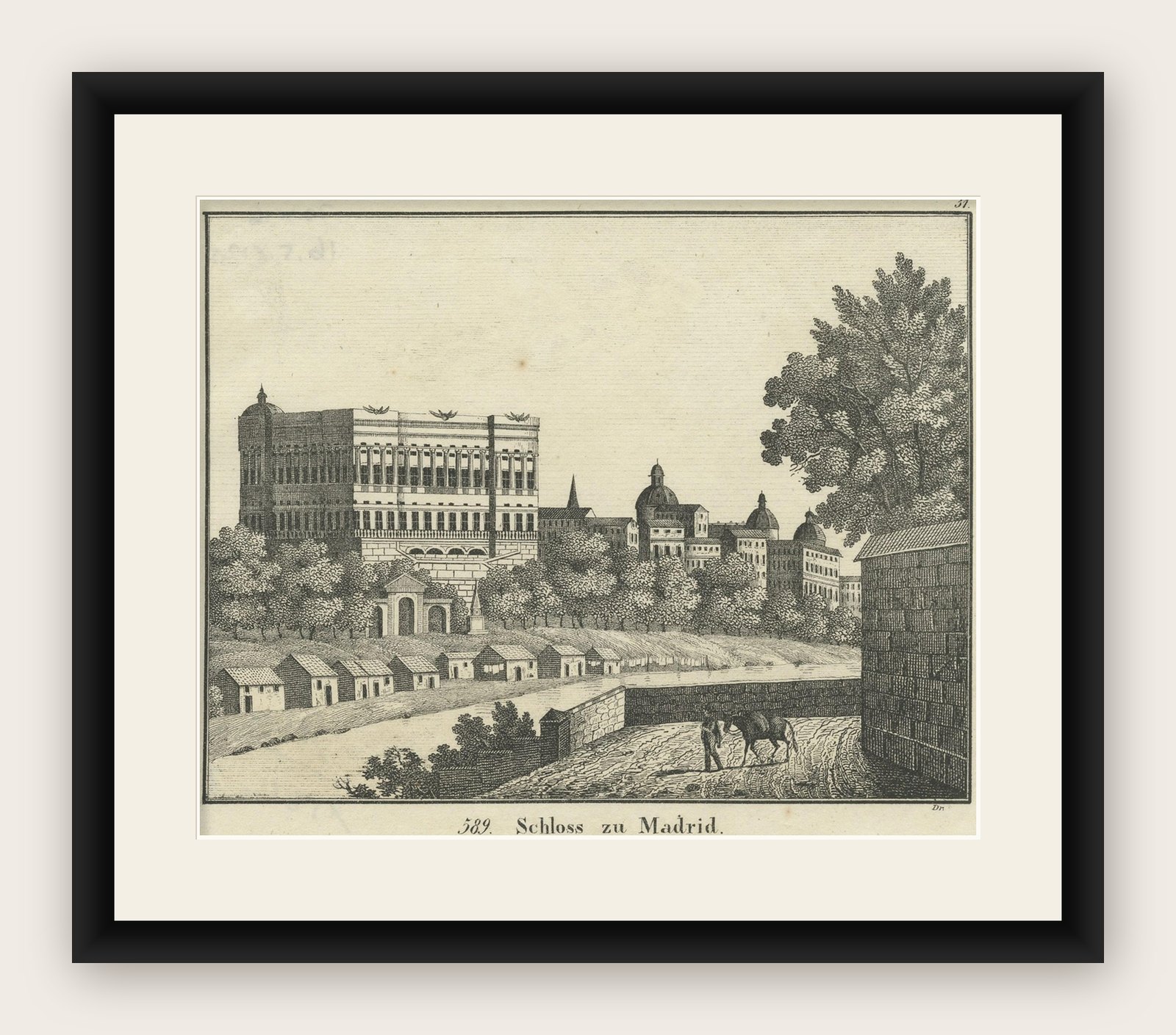 Original Antique Print of a Castle in Madrid, Spain, 1833