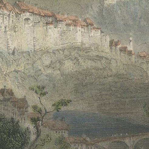 Antique Print of Fribourg, La Sarine, Switzerland, 1835