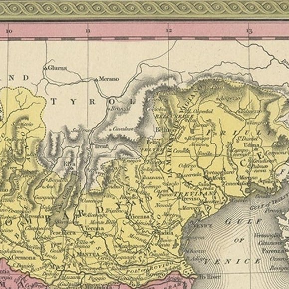 Old Antique Colorful Decorative Map of Northern Italy, 1846
