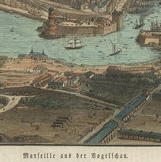 Old Hand-Colored Print with a View of Marseille, France, ca.1885