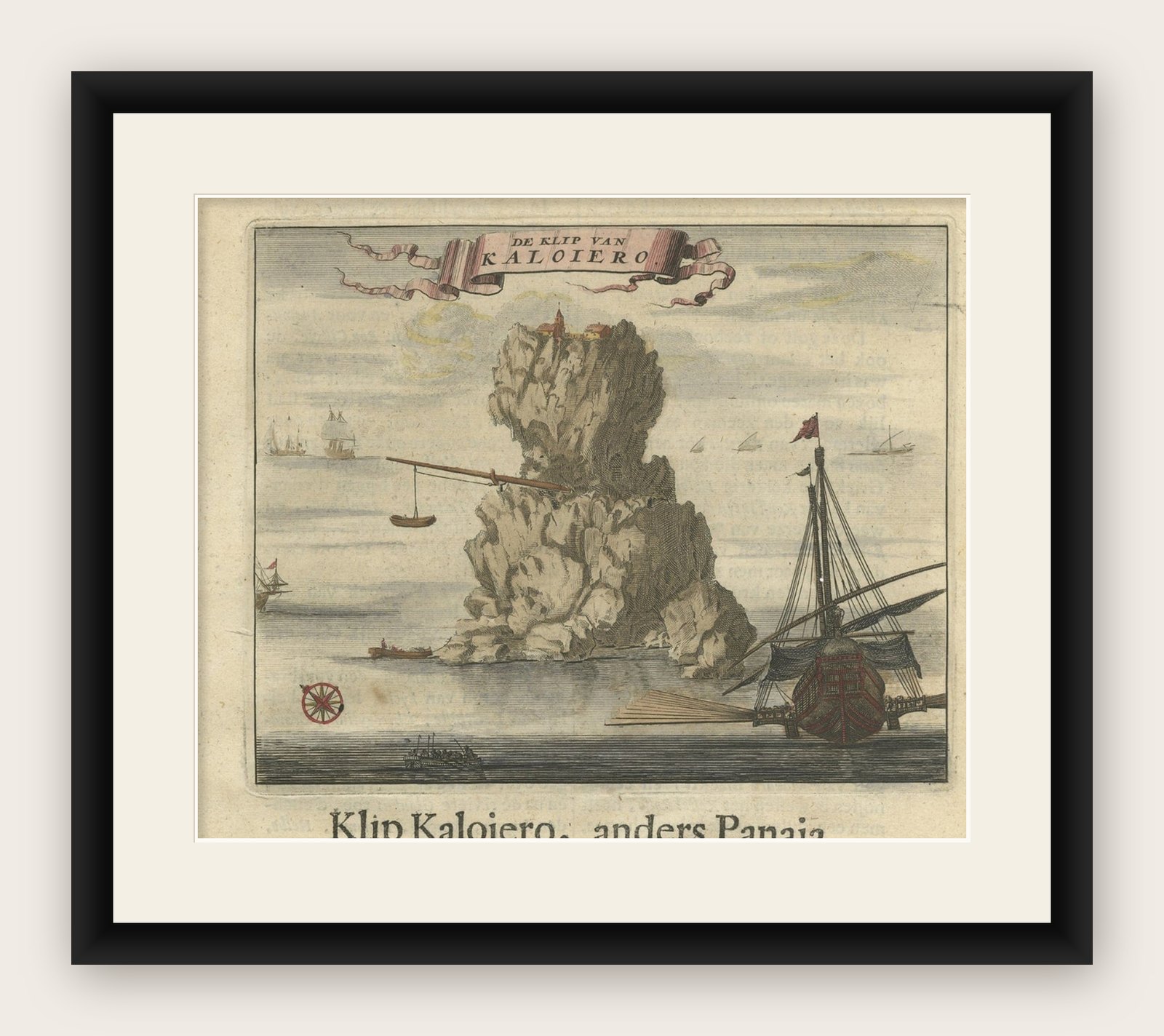 Encolored Engraving of Cliff Kaloiero or Caloiero Island, Panaia, Greece, 1688