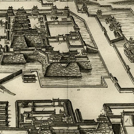 Original Antique Engraving of the Mighty Imperial Osaka Castle in Japan, 1669