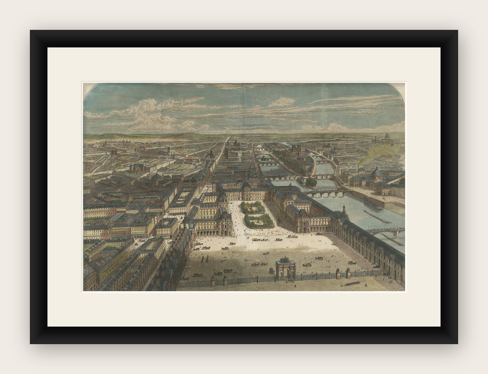 Old Hand-Colored Print With a View of the Louvre, France, ca.1885