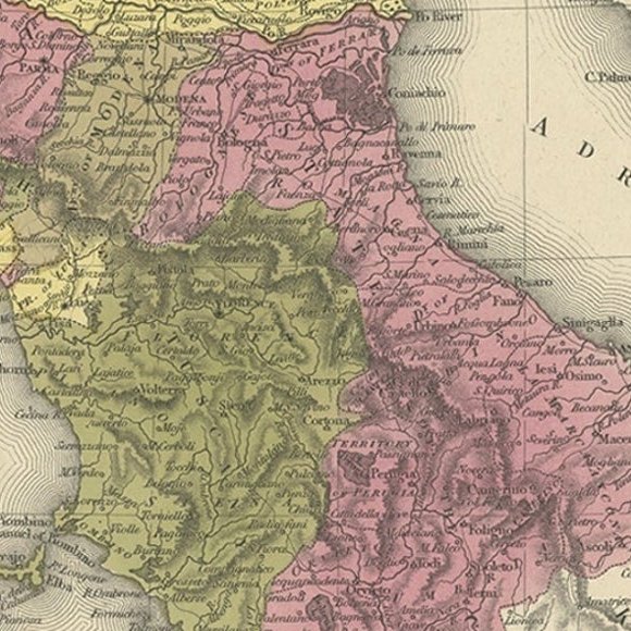 Old Antique Colorful Decorative Map of Northern Italy, 1846